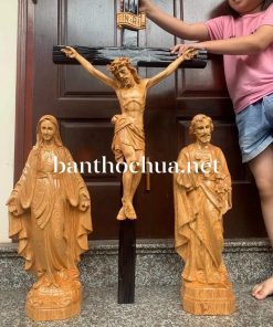 Bộ Tượng đức Mẹ Ban ơn, Thánh Giuse Và Chúa Chịu Nạn Bằng Gỗ Cao 50cm