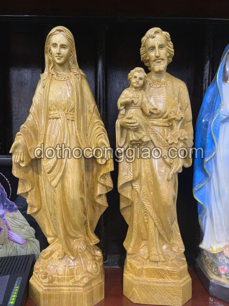 Tượng đức Mẹ Ban ơn Và Thánh Giuse Bế Chúa Bằng Gỗ 40cm