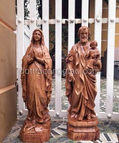 Tượng đức Mẹ Mân Côi Và Thánh Giuse Bế Chúa Bằng Gỗ Hương Cao 70cm 02